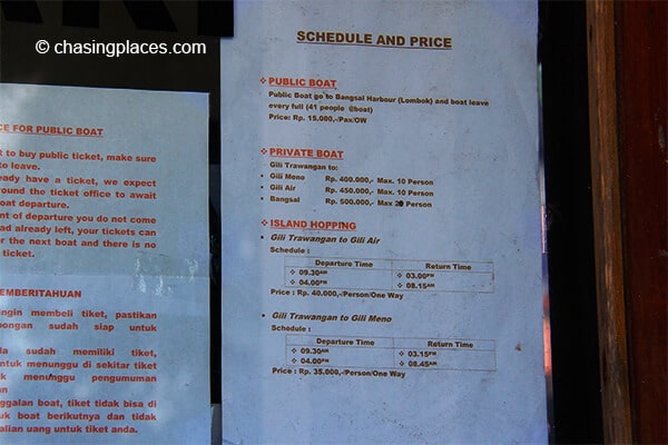 The boat schedule and prices Gili T's boat ticket office