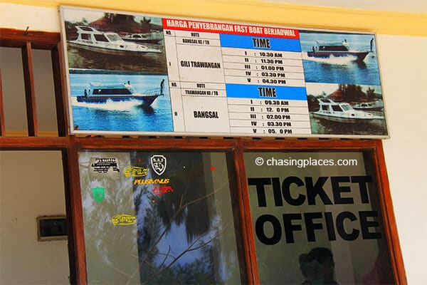 The fast boat times posted at gili T's ticket office