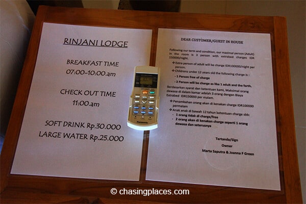 Guest information at Rinjani Lodge