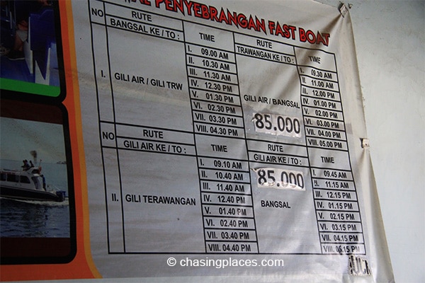 The schedule and costs for public boats going to the Gili Islands