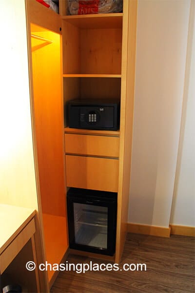 There is also a small fridge in the room. 