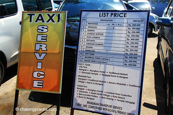 The taxi price list at Bangsal Harbour Lombok Indonesia