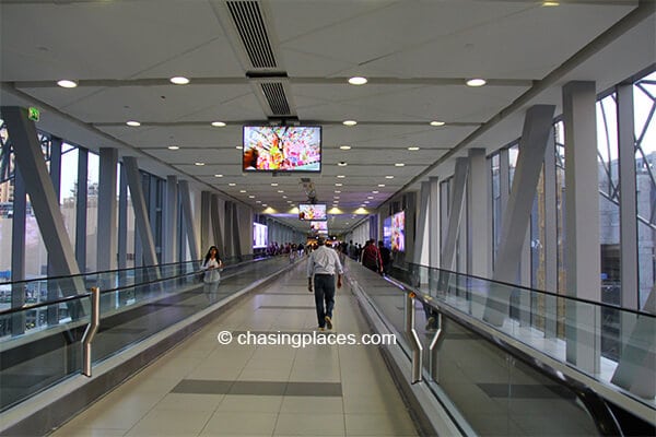 The covered and air-conditioned walkway that connects the Metro Station to the Dubai Mall