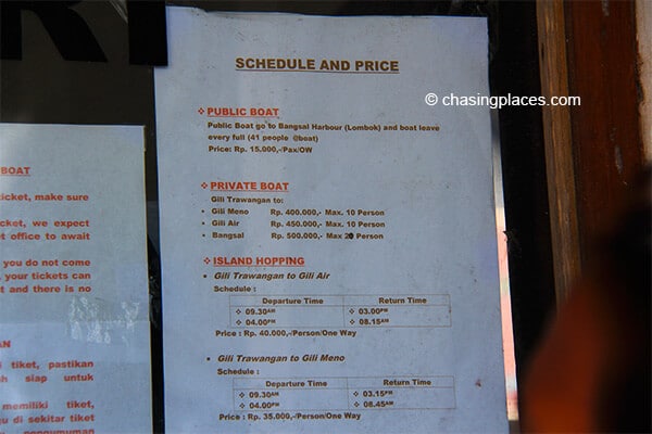 The schedule and costs of boat transfers from Gili Trawangan. 